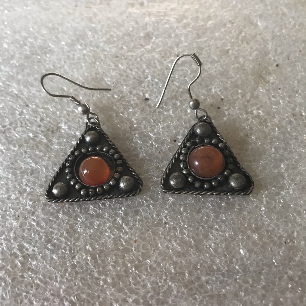 Triangular Silver And Orange Gem Earrings - image 2
